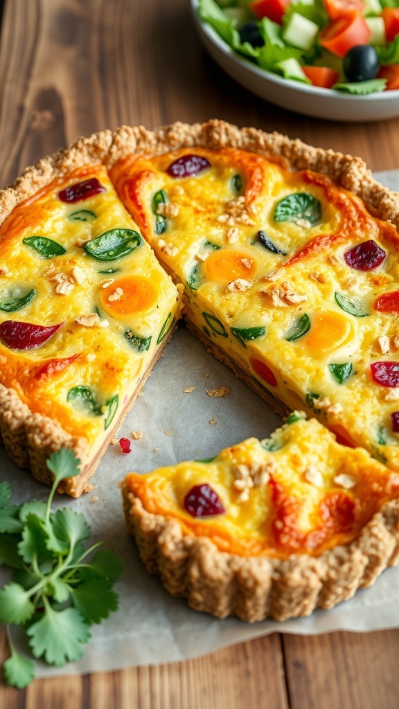 A slice of savory oat quiche with vegetables on a wooden table, served with a side salad.